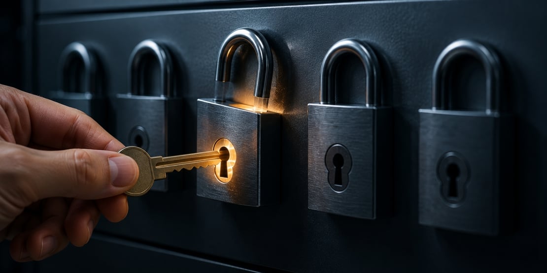 A key unlocking one of several locks, illustrating least privilege access by limiting credentials to only the resources they need.