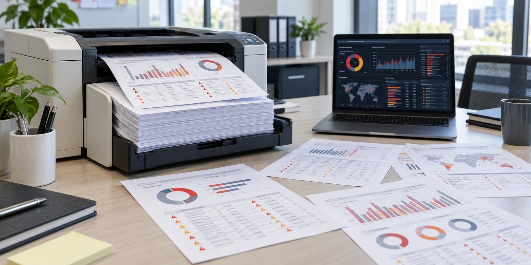 A printer producing a large stack of vulnerability reports beside a laptop displaying cybersecurity dashboards.