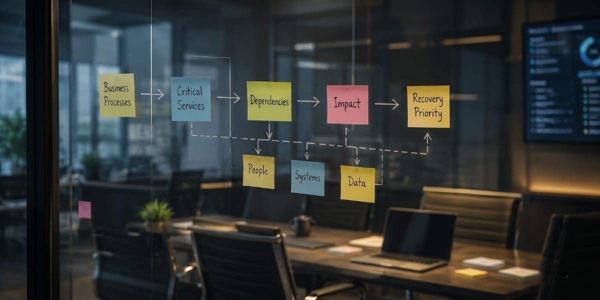 Business process mapping session showing critical services, dependencies, impact analysis, and recovery priorities for operational resilience planning.