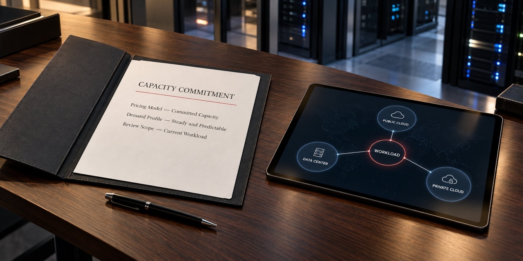 Capacity commitment document beside a tablet mapping a workload across public cloud, private cloud, and data center.