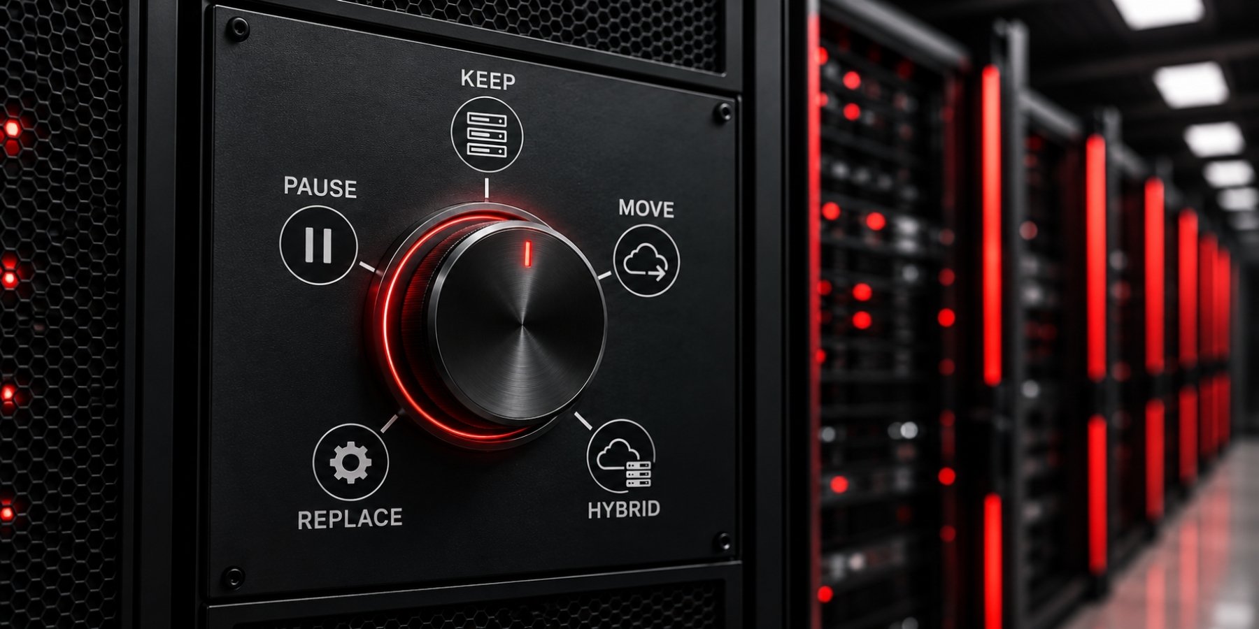 Close-up of a workload decision selector with options to keep, move, use hybrid infrastructure, replace, or pause, set against a data center background