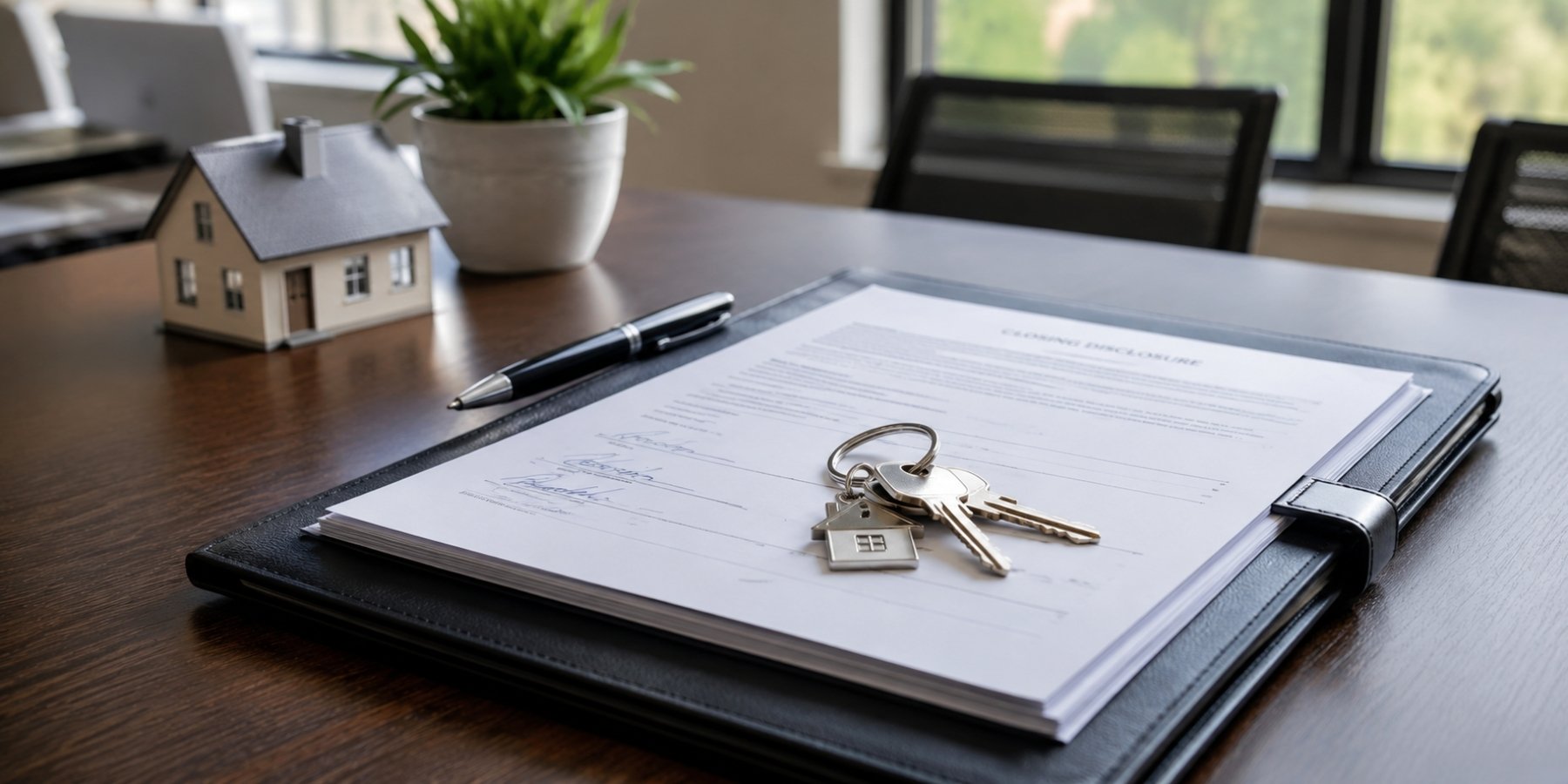 Completed mortgage closing documents with house keys and a model home on a modern office desk.