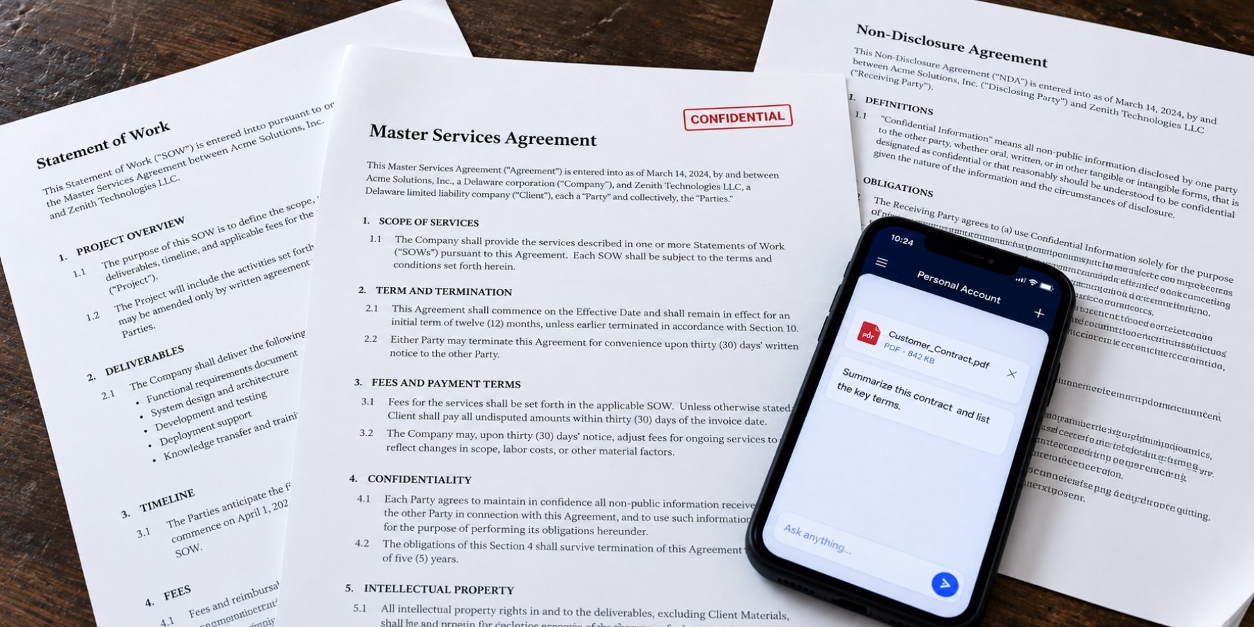 Confidential business contracts beside a personal AI account uploading a customer contract for summarization.