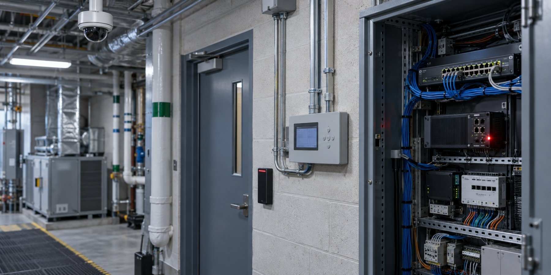 Connected security camera, HVAC controller, badge reader, and network gateway illustrating an attack surface beyond traditional IT