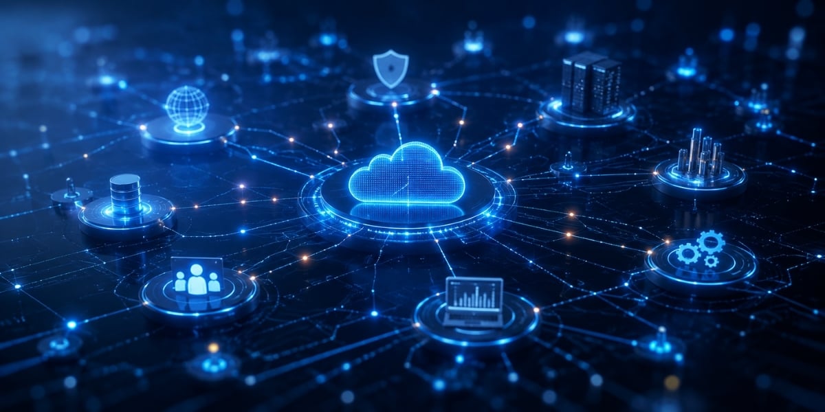 Connected technology ecosystem representing integrated security, cloud, infrastructure, and managed IT services.
