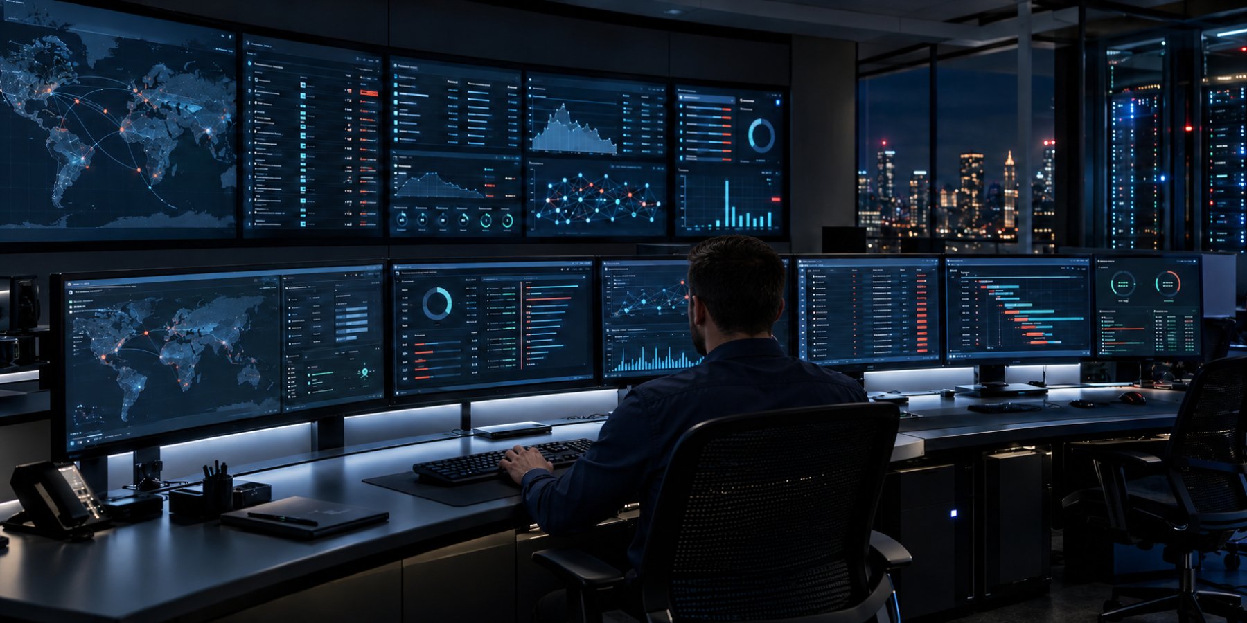 Cybersecurity analyst monitoring connected security systems in a security operations center