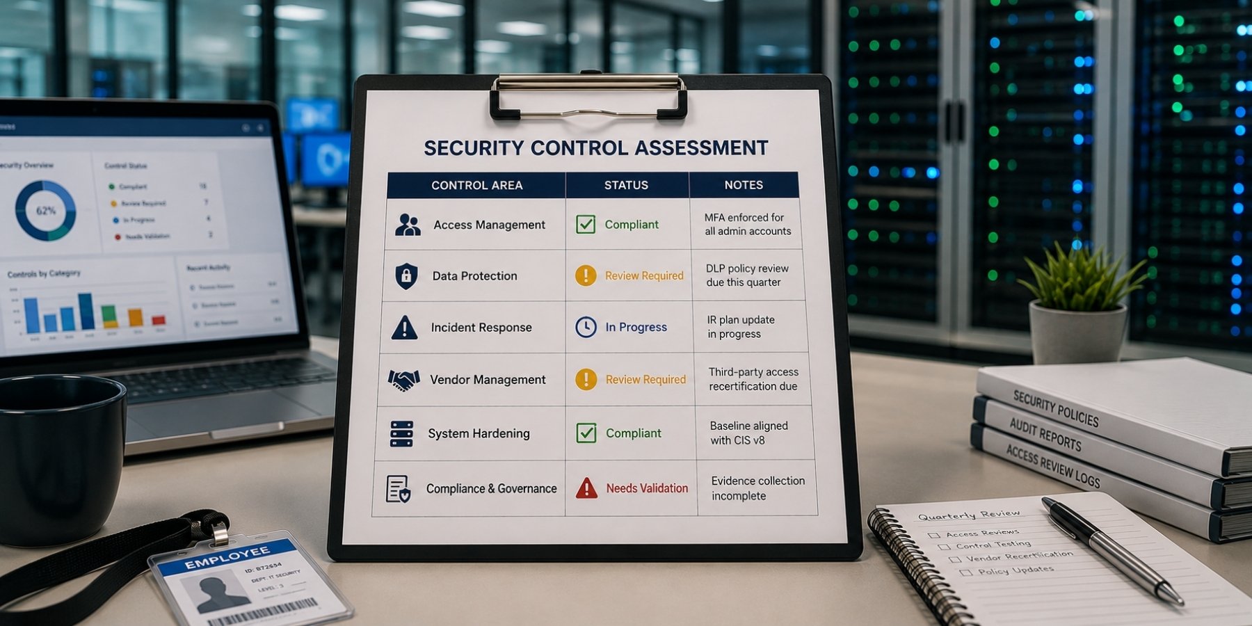 Cybersecurity control assessment checklist showing compliance, review, and validation statuses in a modern IT environment.