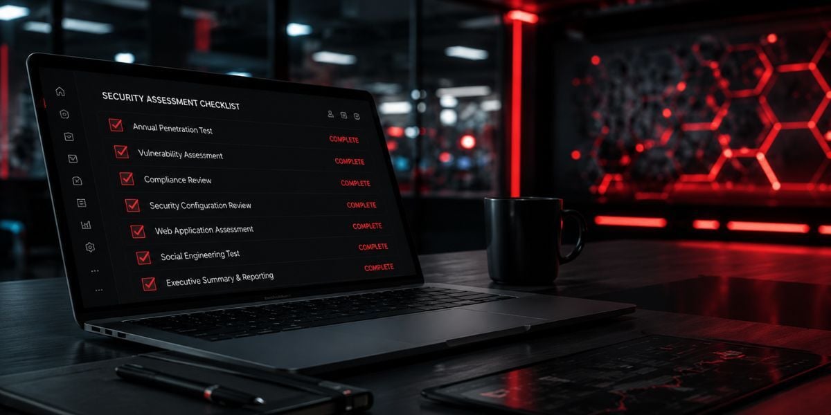 Cybersecurity dashboard displaying penetration testing results and security metrics in a modern enterprise environment.-1