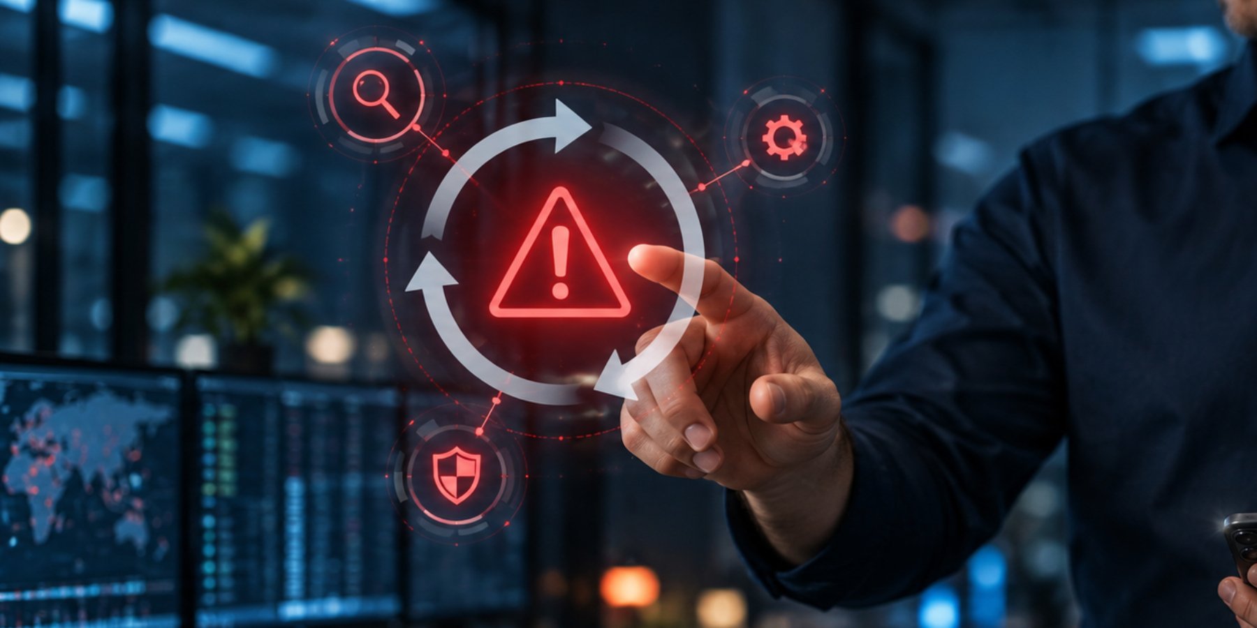 Cybersecurity professional responding to a security alert in a monitoring center