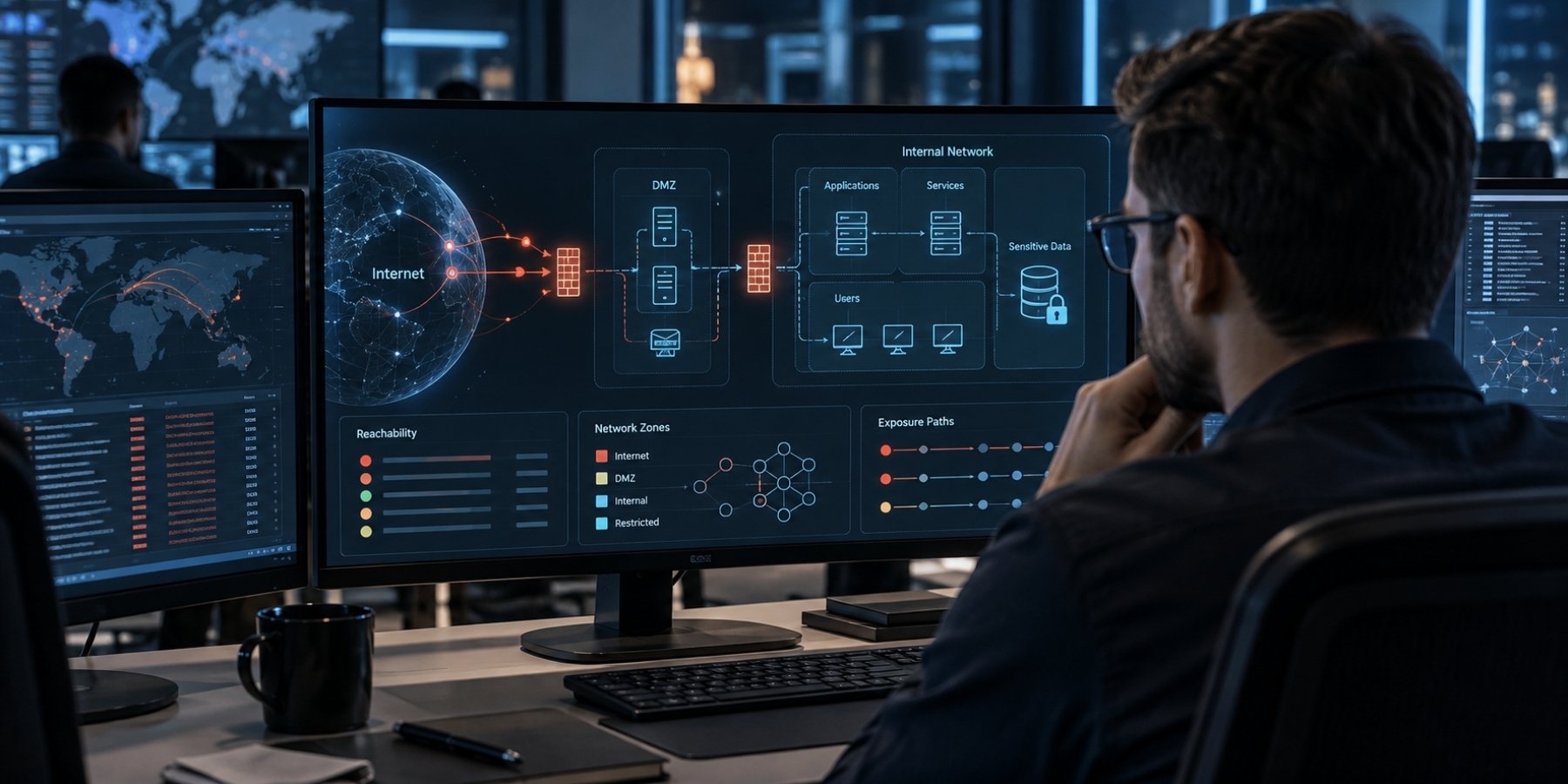 Cybersecurity professional reviewing network segmentation and access controls to reduce vulnerability risk.-1
