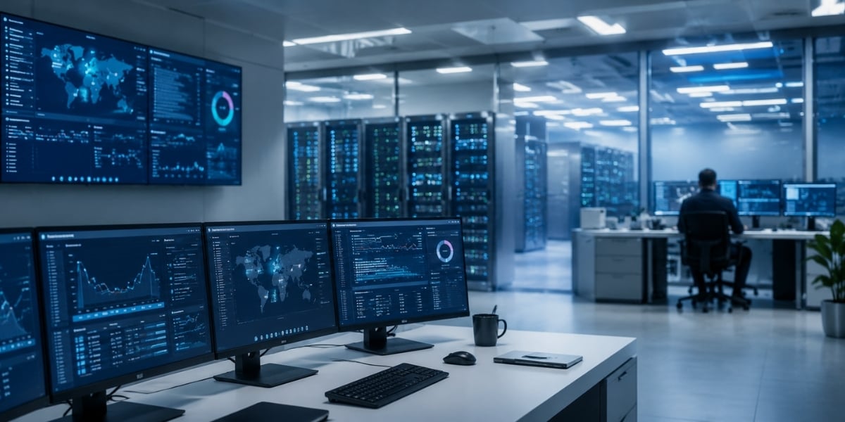 Cybersecurity professionals monitoring systems, security activity, and risk across multiple screens in a modern security operations environment