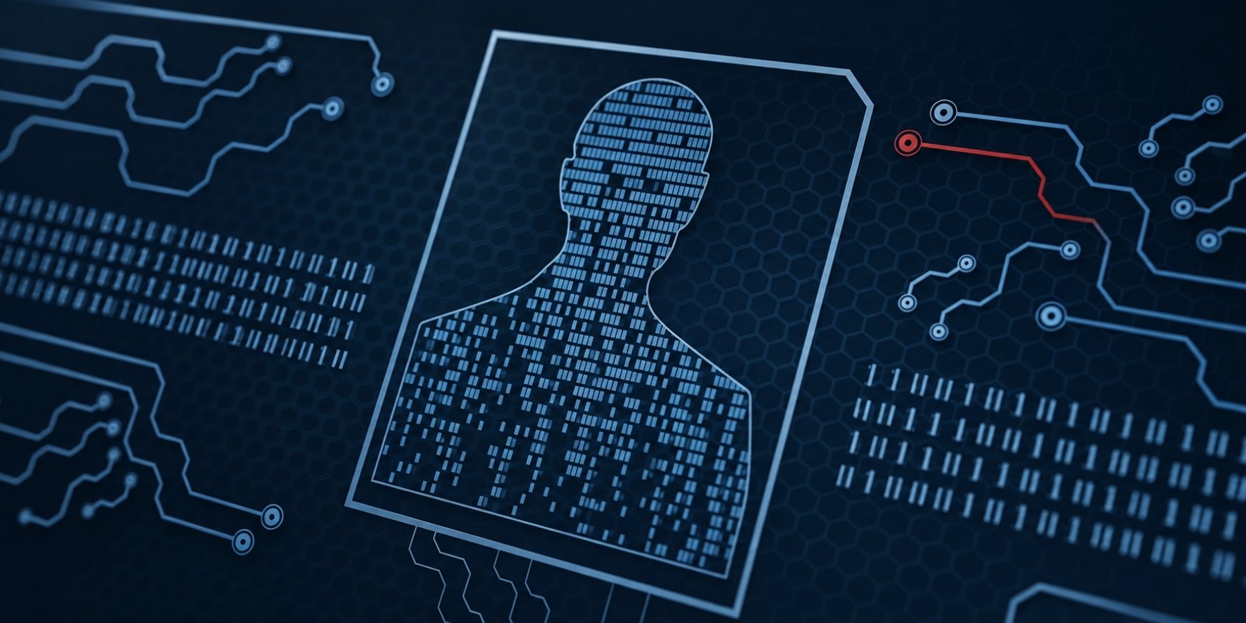 Digital identity profile connected to enterprise systems, with a red access path highlighting a potential identity security risk