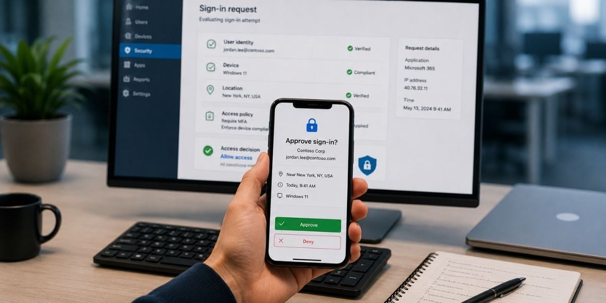 Employee approving an MFA sign-in on a smartphone while conditional access checks verify identity, device, location, and access policy