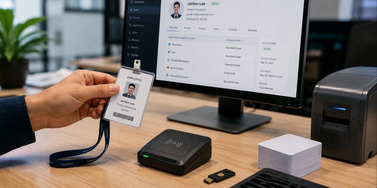 Employee holding an ID badge beside an identity management workstation showing account status, roles, and access permissions
