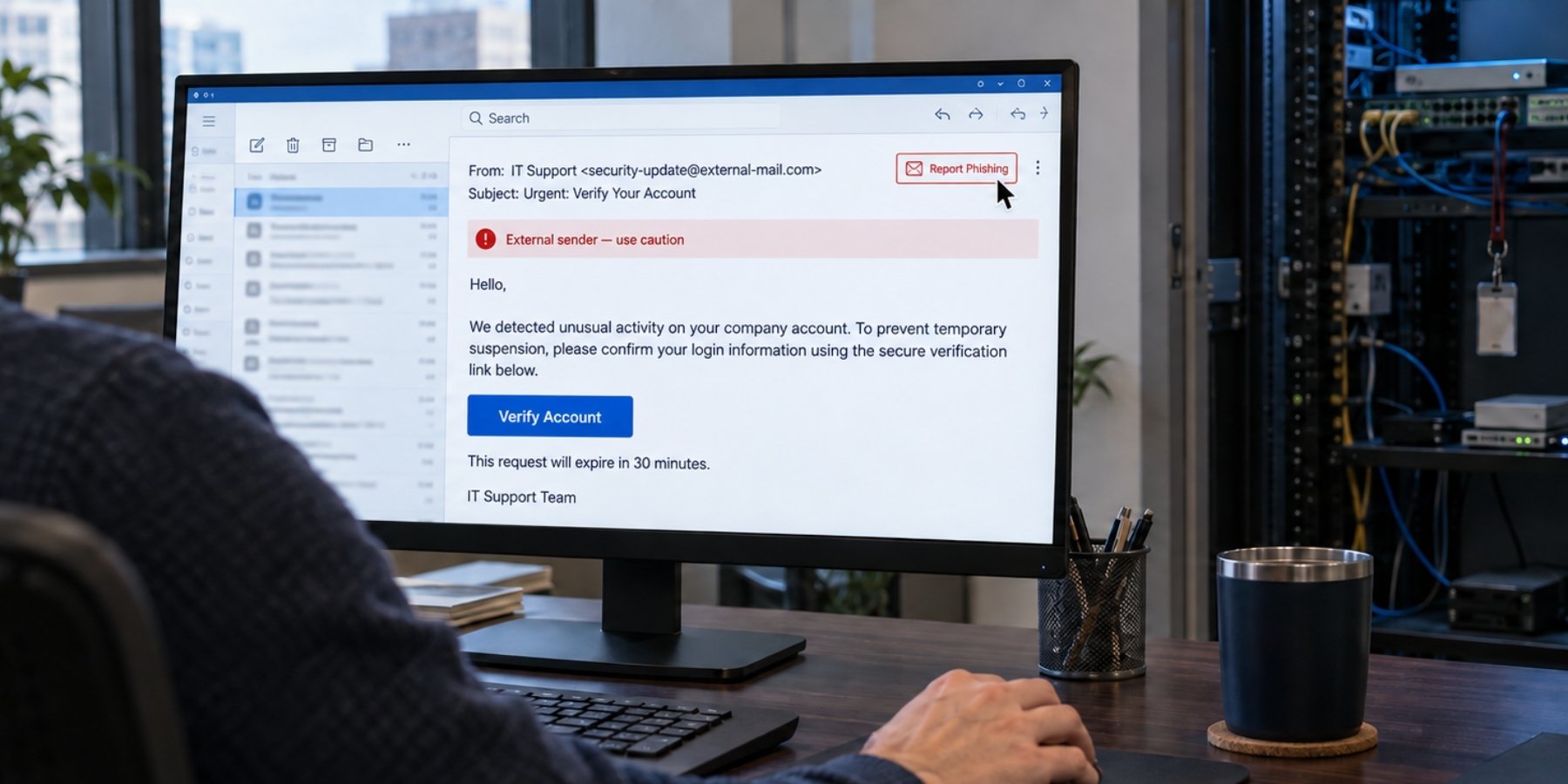 Employee reporting a suspicious email while an open network closet and old access badge reveal unmanaged organizational risks