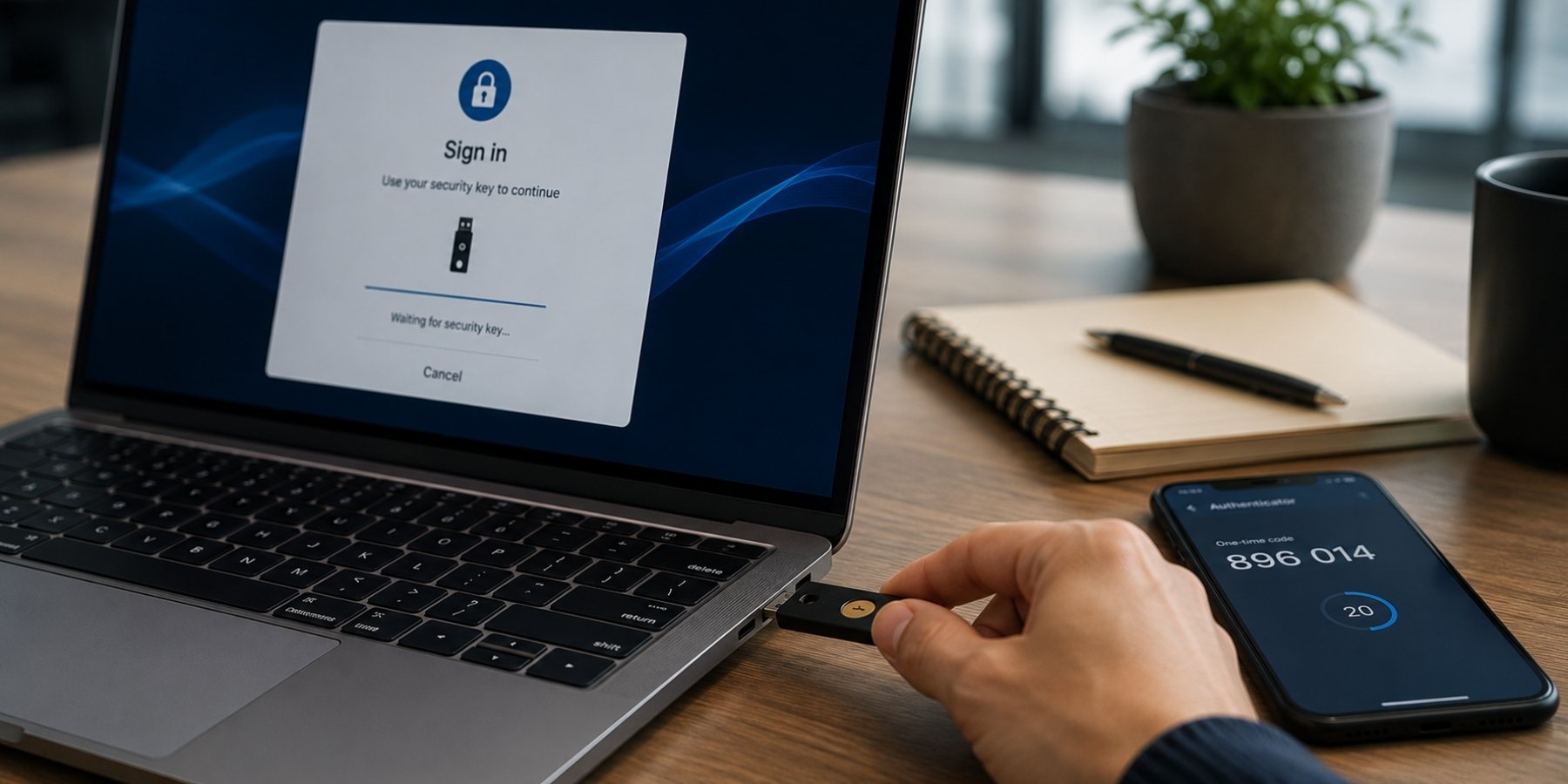 Employee using a hardware security key to complete multi-factor authentication on a laptop in a modern office