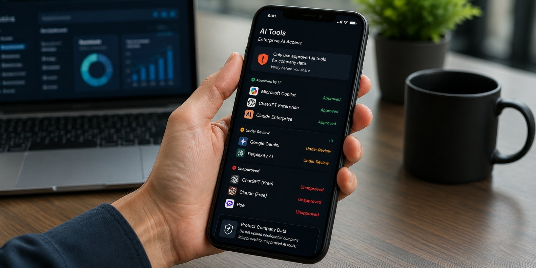 Enterprise AI governance dashboard showing approved, under review, and unapproved AI tools.