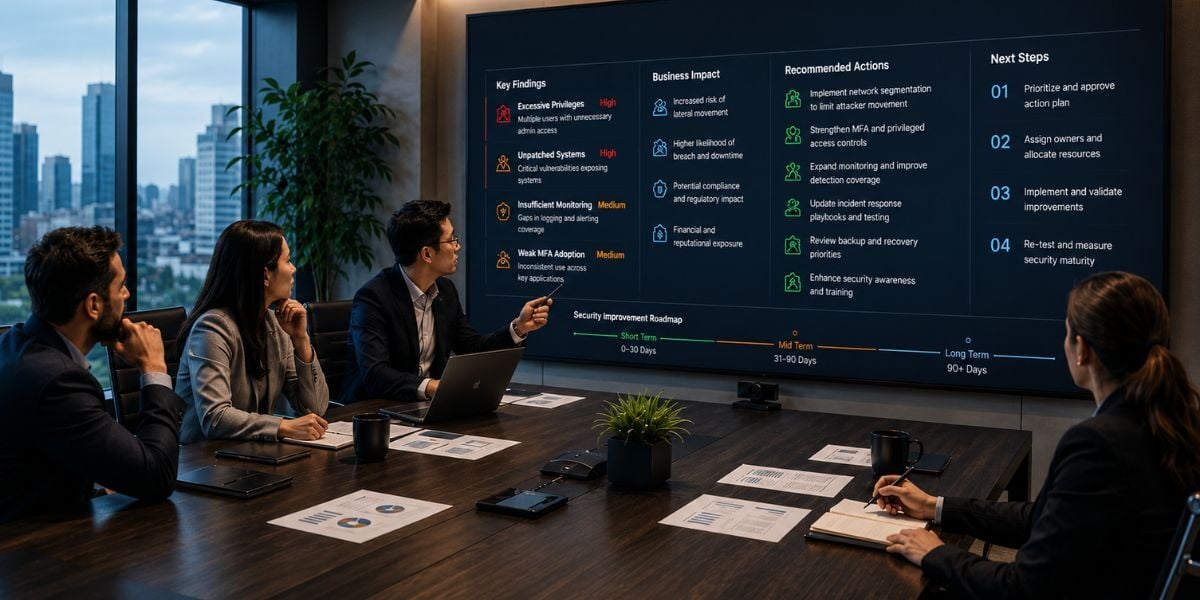 Executive team reviewing cybersecurity findings, business impact, and recommended actions to strengthen security operations and operational resilience.-1