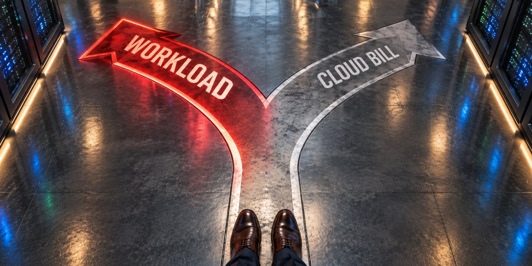 First-person view of business shoes at a data center floor junction marked Workload and Cloud Bill
