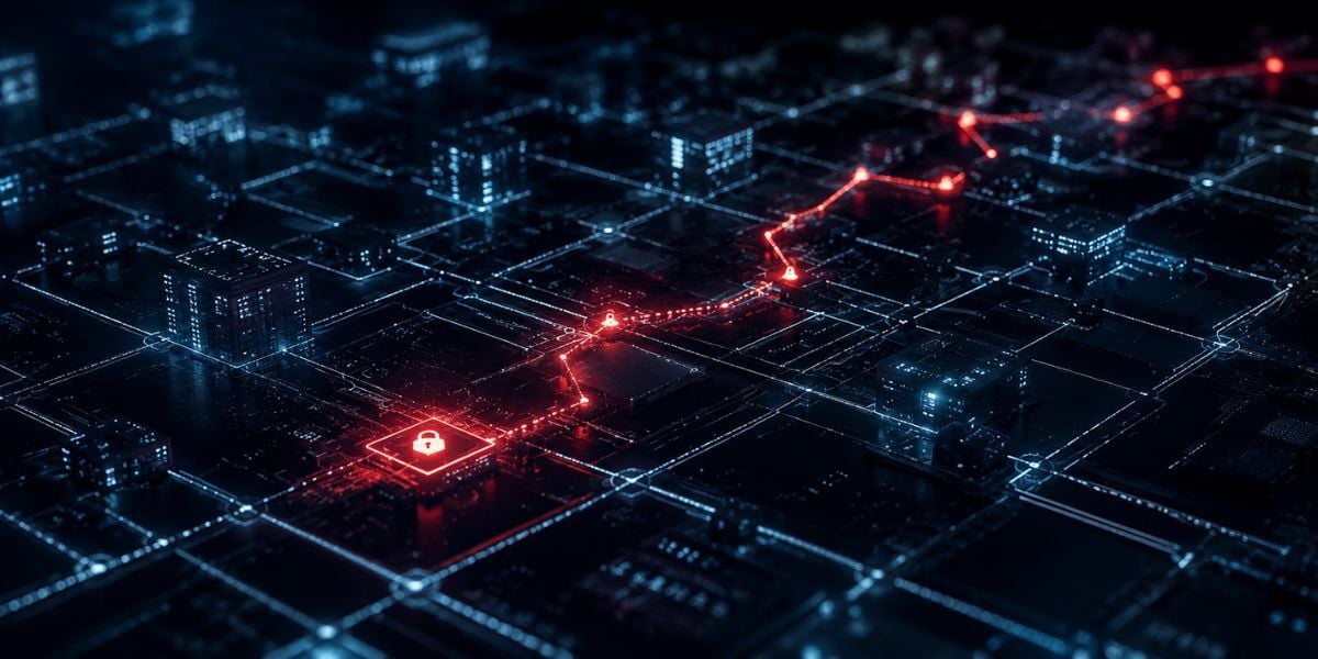 Cinematic enterprise cybersecurity network showing a hidden intrusion path moving across connected systems, illustrating security blind spots and the need for continuous security validation.