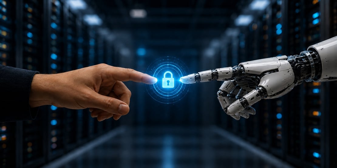 Human and robotic hands reaching toward a secure lock in a data center, representing human and machine identity security.-1