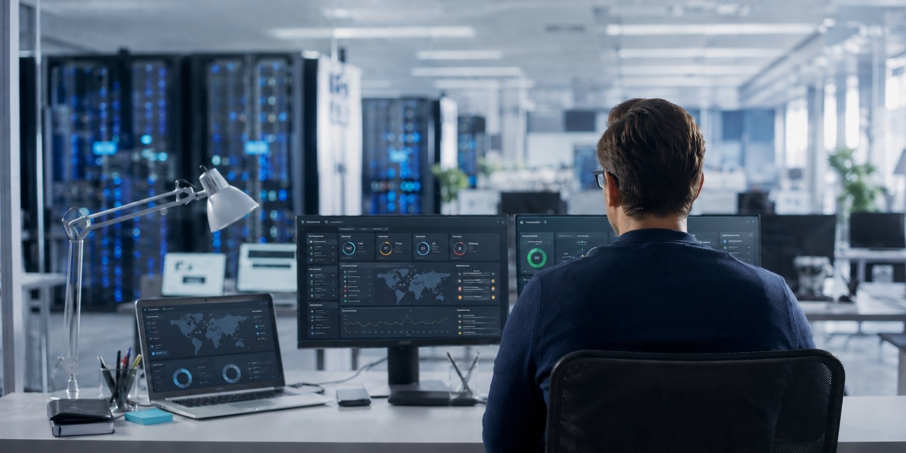 IT professional monitoring cybersecurity risk and system activity across multiple screens in a modern technology environment.