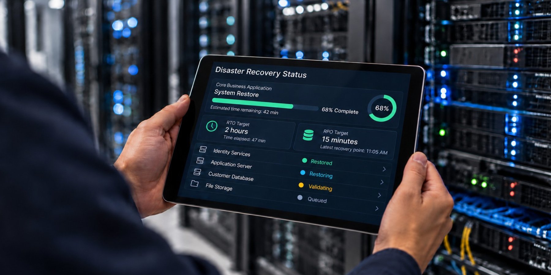 IT professional monitoring disaster recovery progress, RTO, and RPO targets on a tablet in a server room