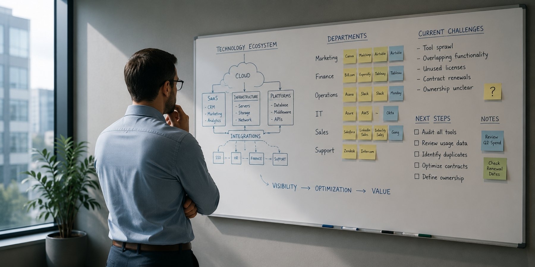 IT professional reviewing a technology ecosystem whiteboard to evaluate software tools, system ownership, and technology complexity.