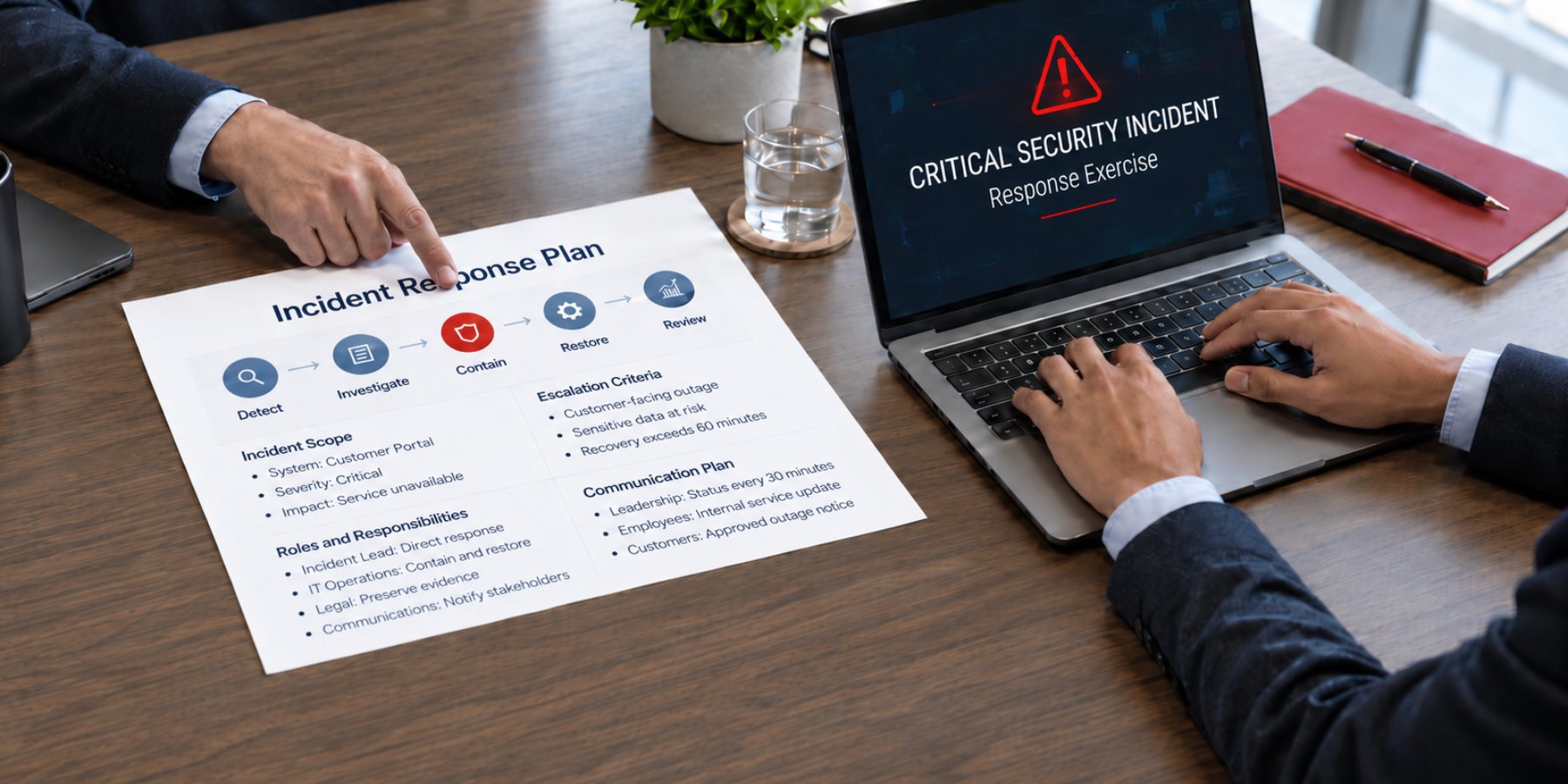 IT professionals reviewing an incident response plan during a simulated critical security incident