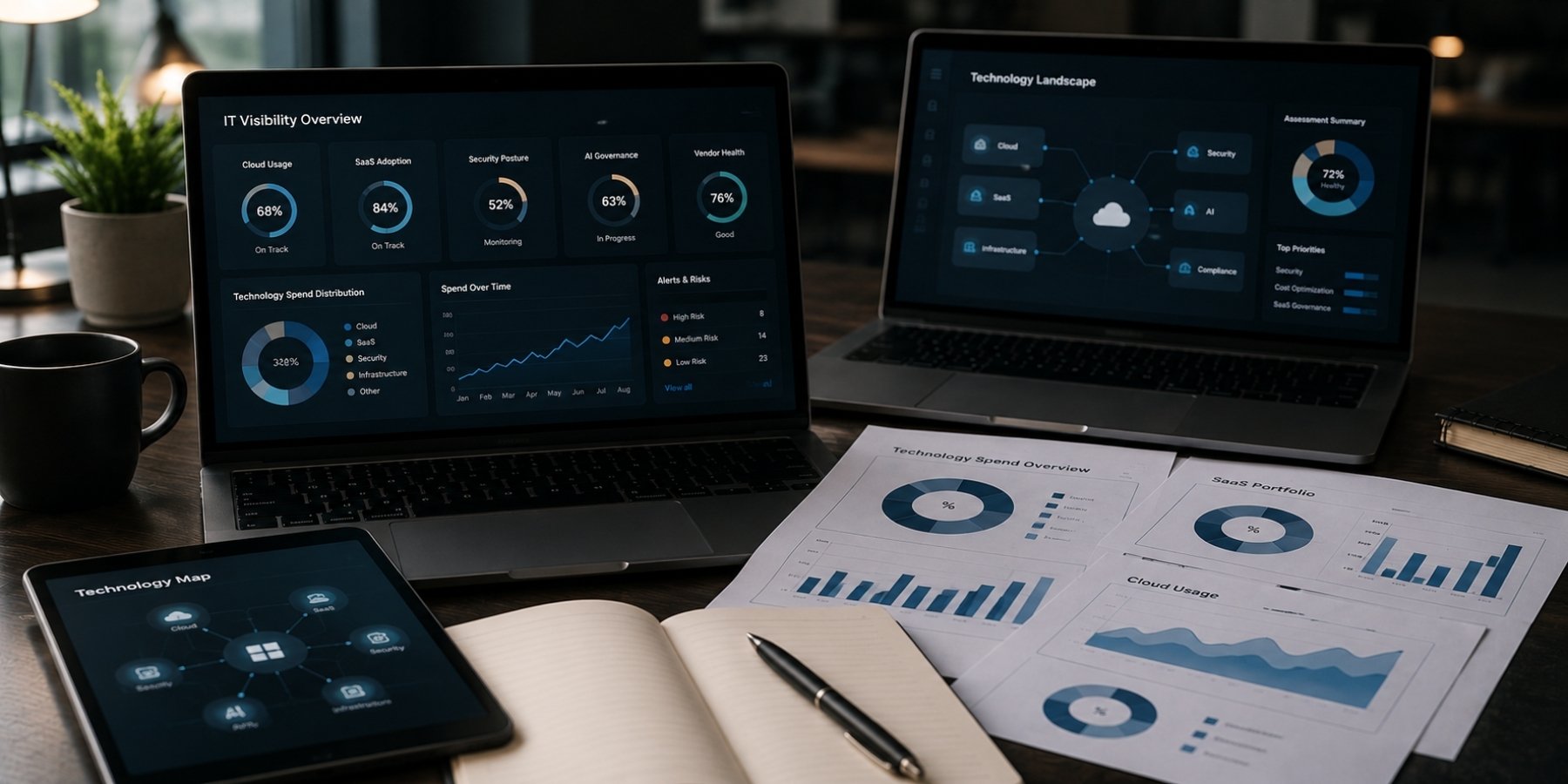 Laptop displaying an IT dashboard with technology reports and analytics documents used to review technology spending and operational performance.