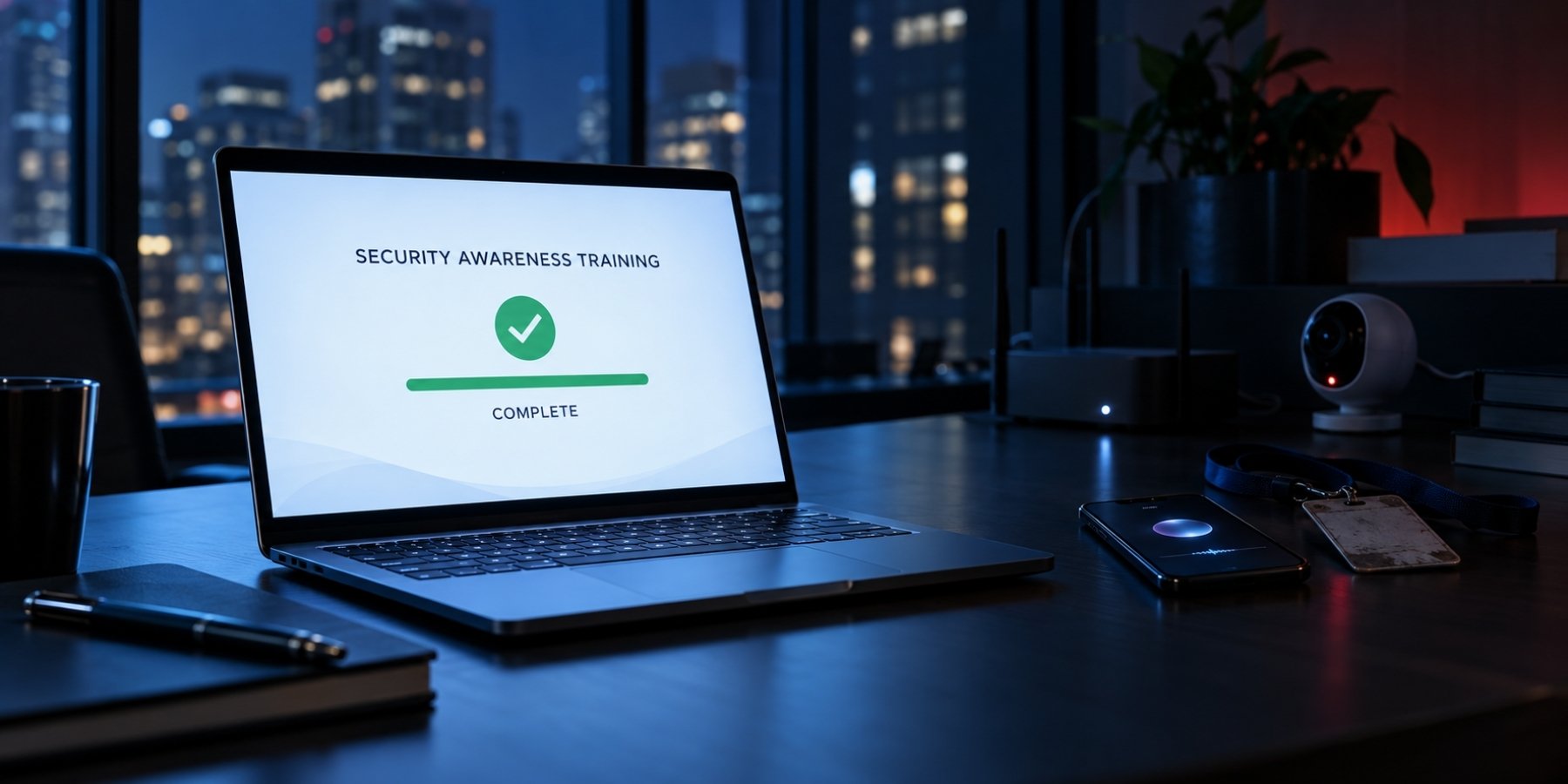 Laptop showing completed security awareness training beside shadowed unmanaged devices, including a router, camera, phone, and access badge
