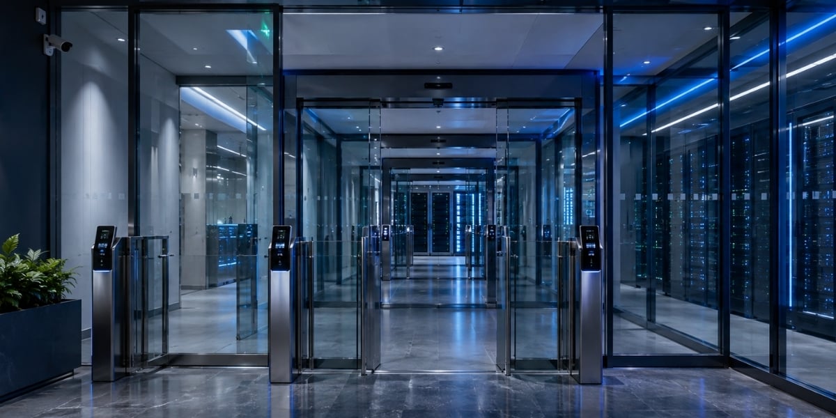 Layered access control checkpoints leading into a secure data center, illustrating continuous verification in a Zero Trust environment.