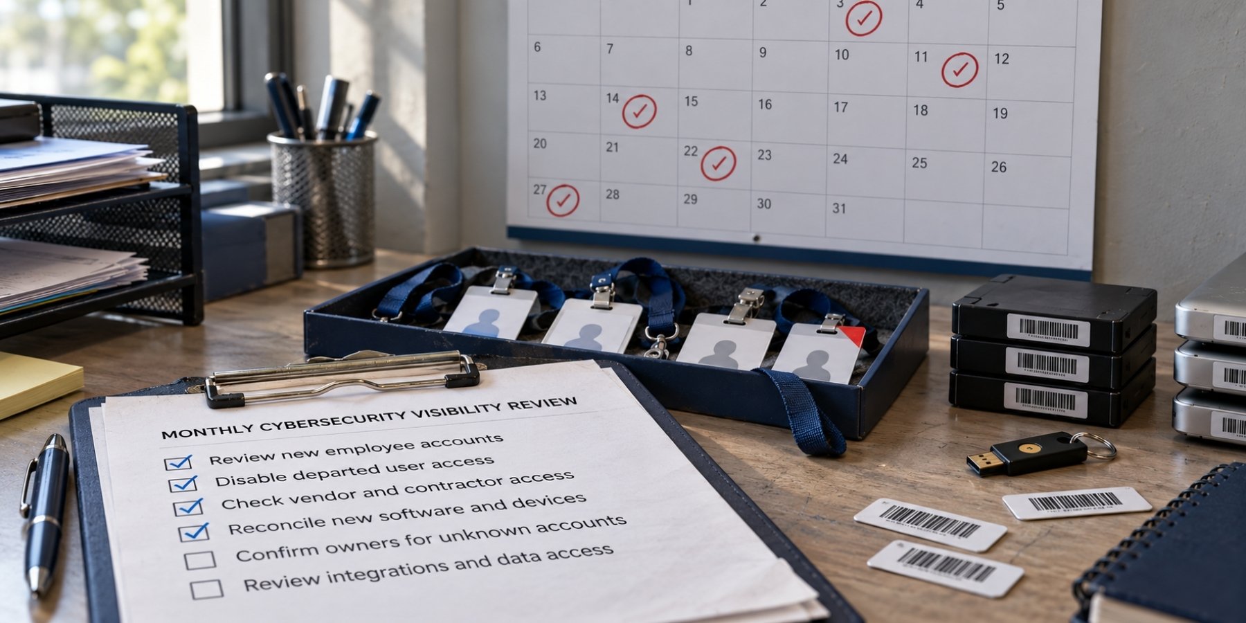 Monthly cybersecurity visibility review checklist, recurring calendar dates, access badges, and asset tags on an IT workspace