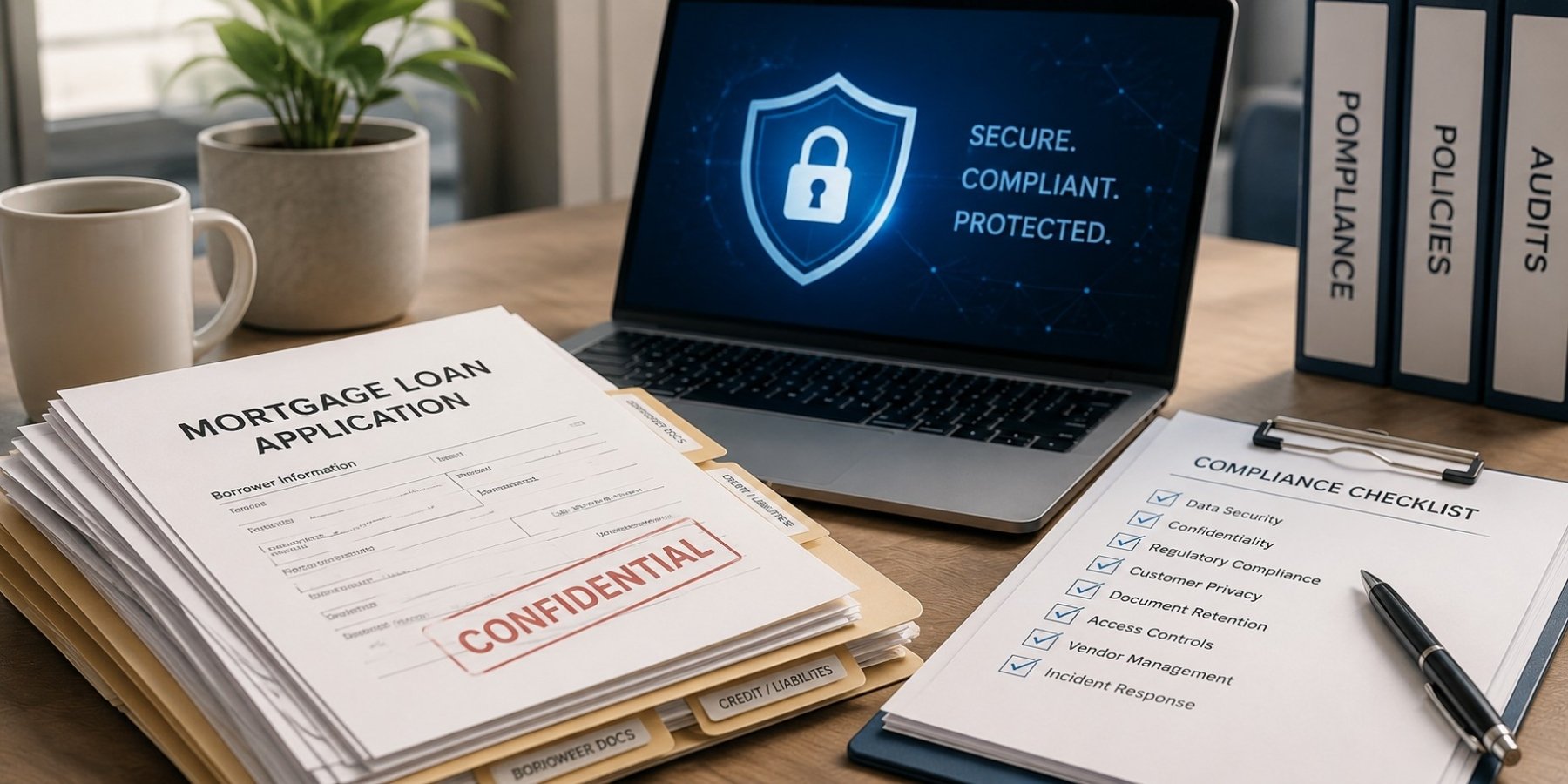 Mortgage loan documents, a compliance checklist, and a laptop displaying a security shield in a modern office.