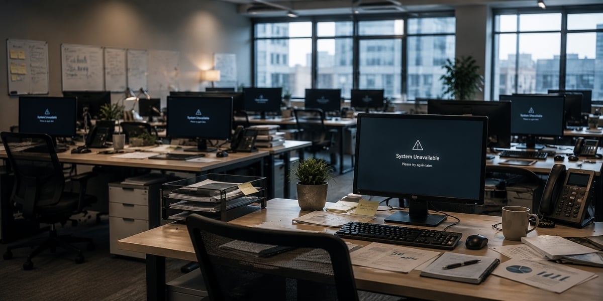 Multiple office workstations displaying system unavailable messages, illustrating how downtime impacts business operations across an organization.