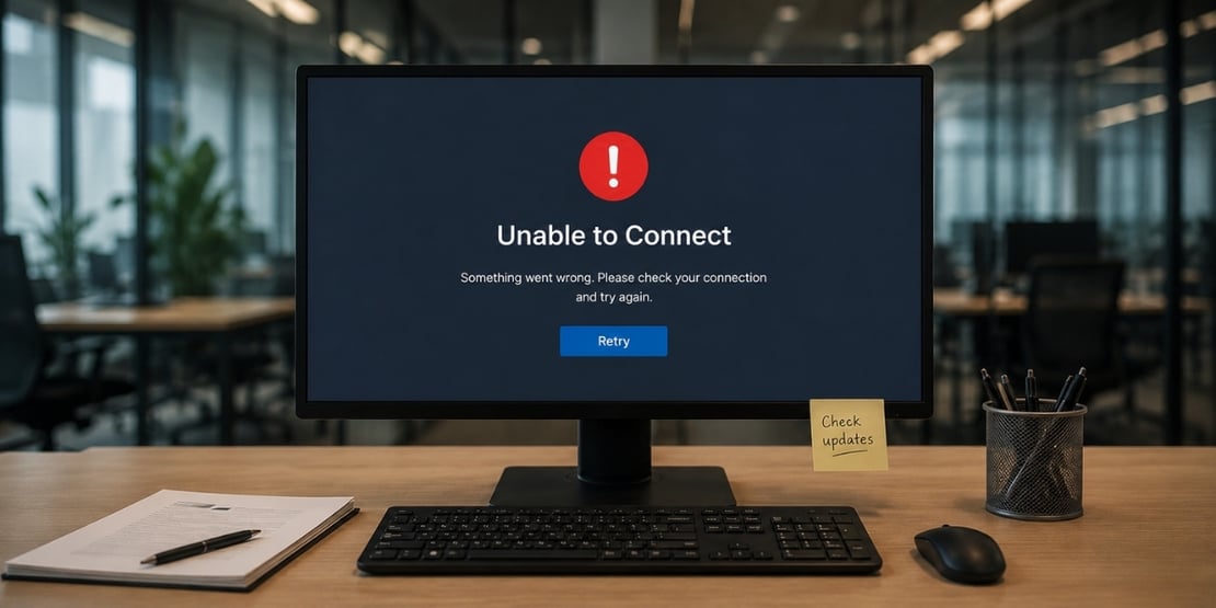 Office computer displaying a connection error, representing how different disruptions can lead to business downtime.-1