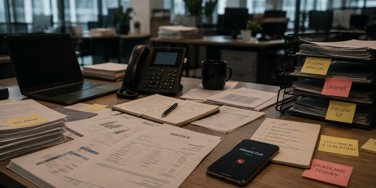 Office desk with invoices, missed calls, pending approvals, and urgent tasks, illustrating operational disruption and business downtime impact.