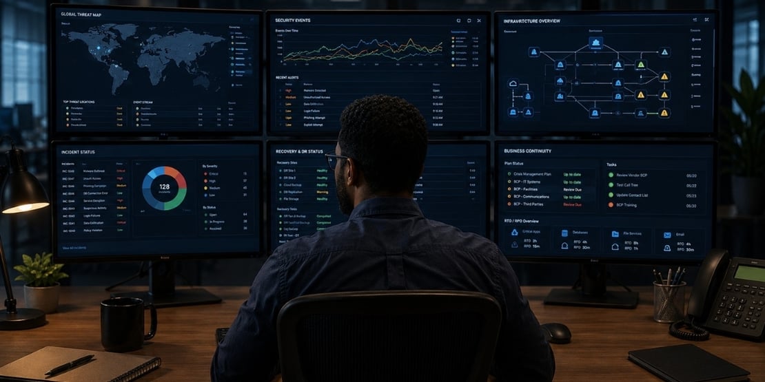 Operations analyst monitoring multiple dashboards that combine security, infrastructure, cloud, and operational data to support business continuity and resilience.