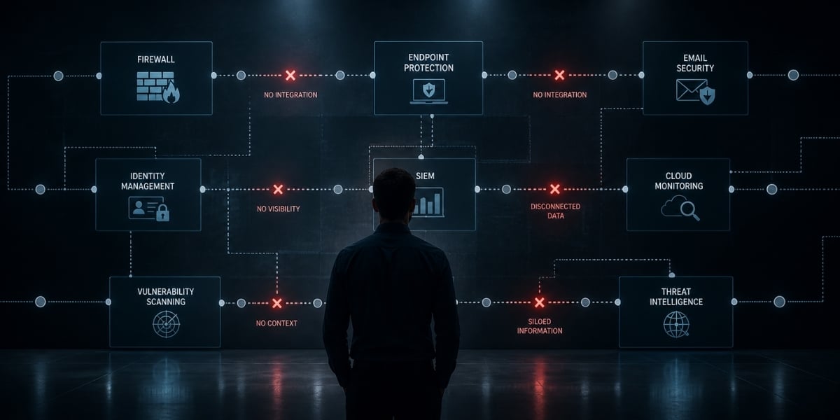 Person viewing disconnected security systems with gaps between firewall, endpoint, and cloud monitoring tools, illustrating lack of integration and visibility in IT security architecture