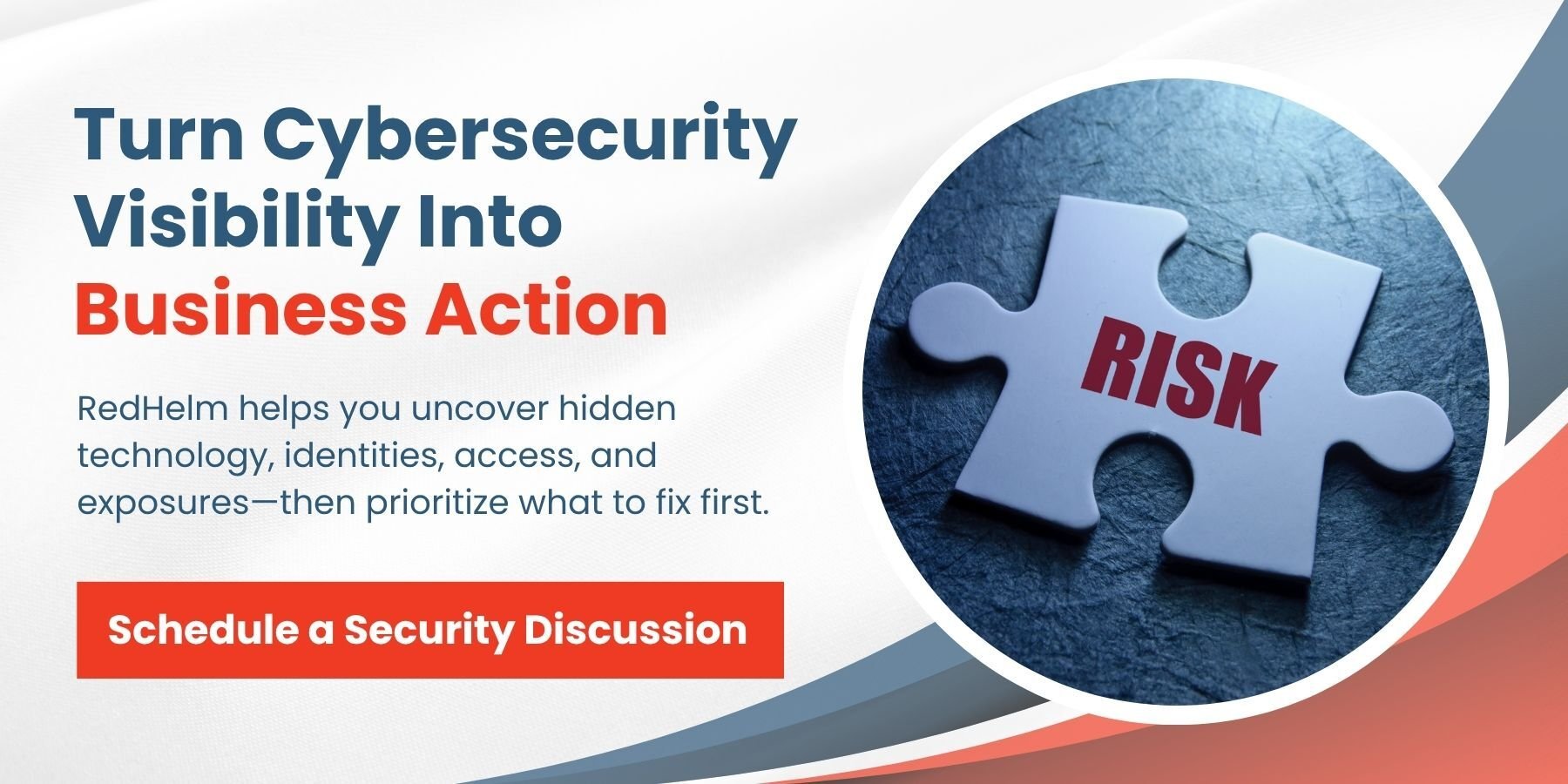 RedHelm call to action featuring a puzzle piece labeled “RISK” and an invitation to schedule a security discussion