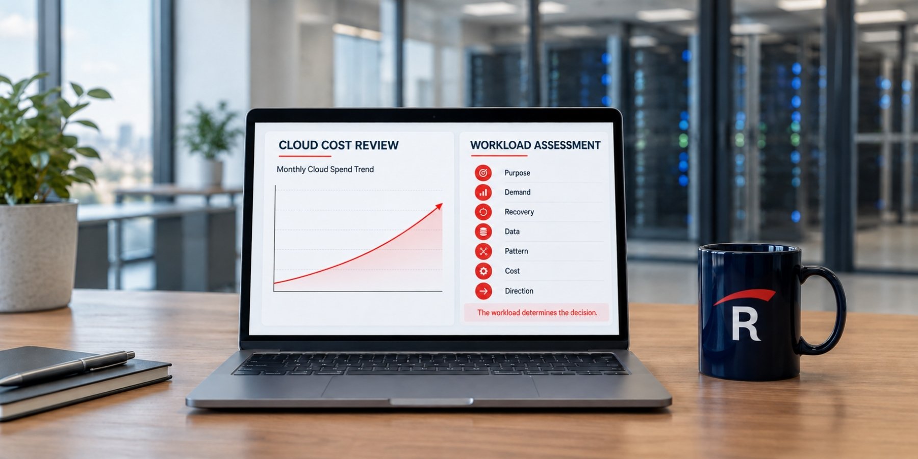 RedHelm cloud cost review and workload assessment dashboard displayed on a laptop on an executive desk