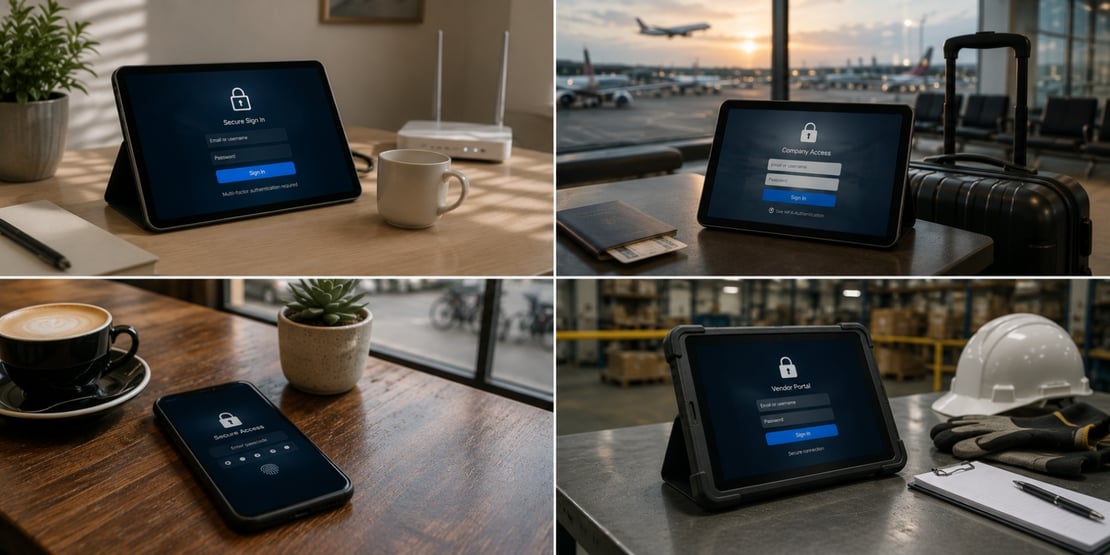 Secure business sign-ins shown across home, airport, café, and remote work environments, illustrating access from multiple locations