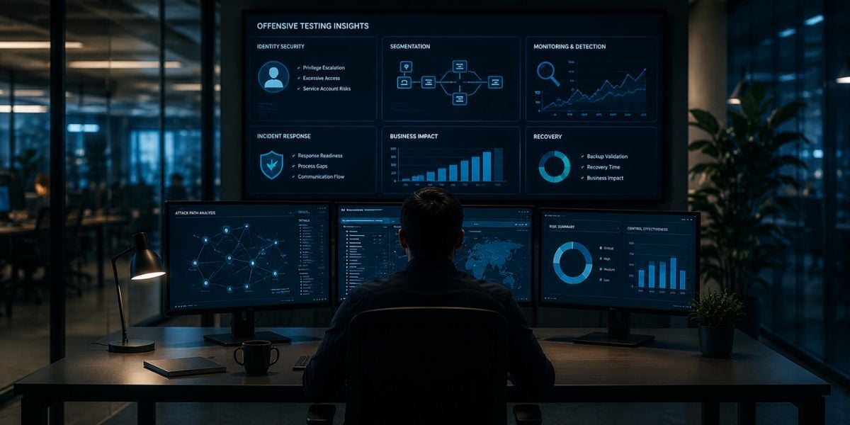 Security analyst reviewing offensive testing insights across identity security, segmentation, monitoring, incident response, and recovery dashboards in a modern enterprise operations center.