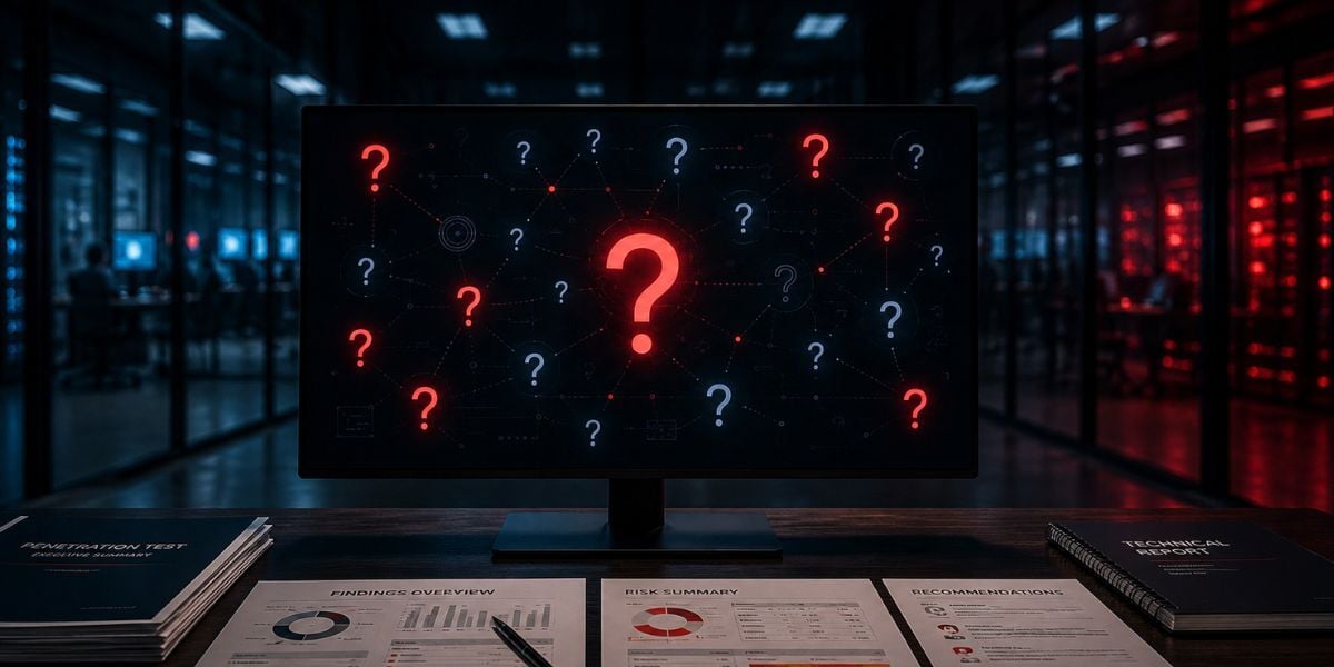 Security findings, risk summaries, and unanswered cybersecurity questions highlighted during a penetration testing review.
