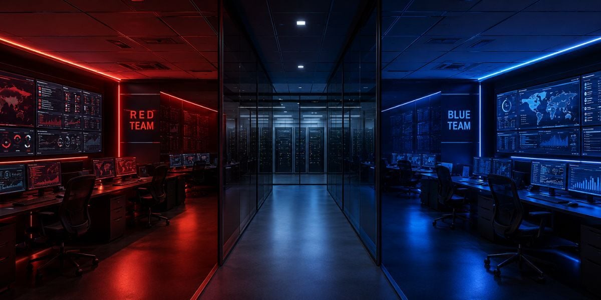 Separated cybersecurity operations environments with red and blue monitoring zones representing disconnected security teams