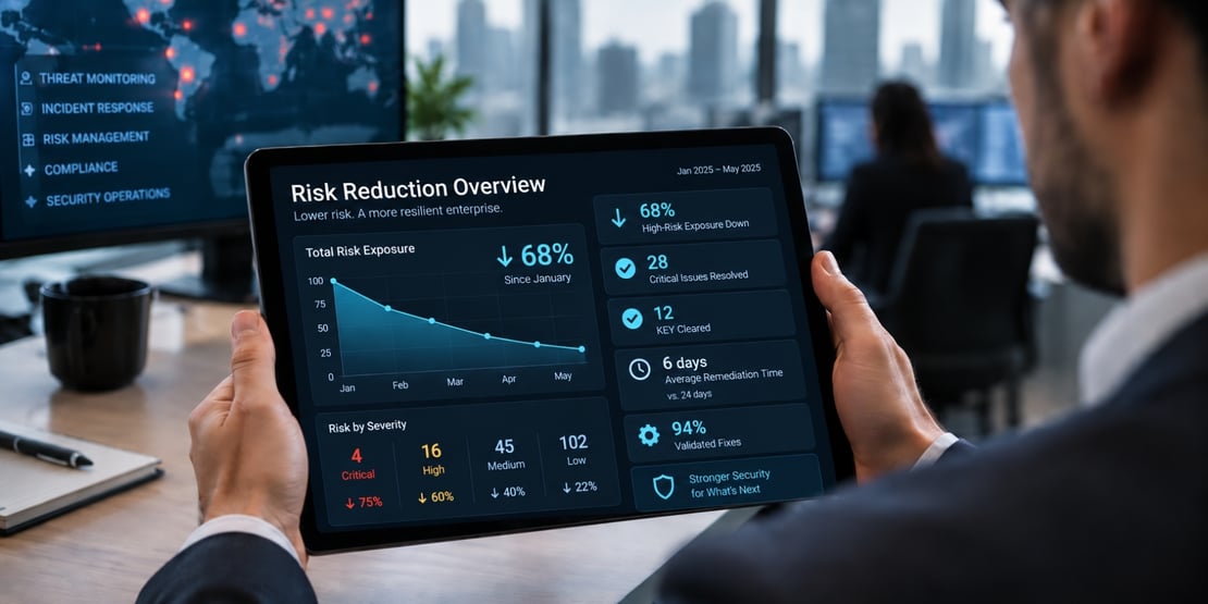 Tablet showing a cybersecurity risk reduction dashboard with declining exposure.