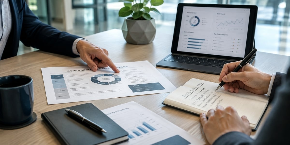 Two professionals reviewing a cybersecurity framework, risk priorities, and security controls during a governance planning session