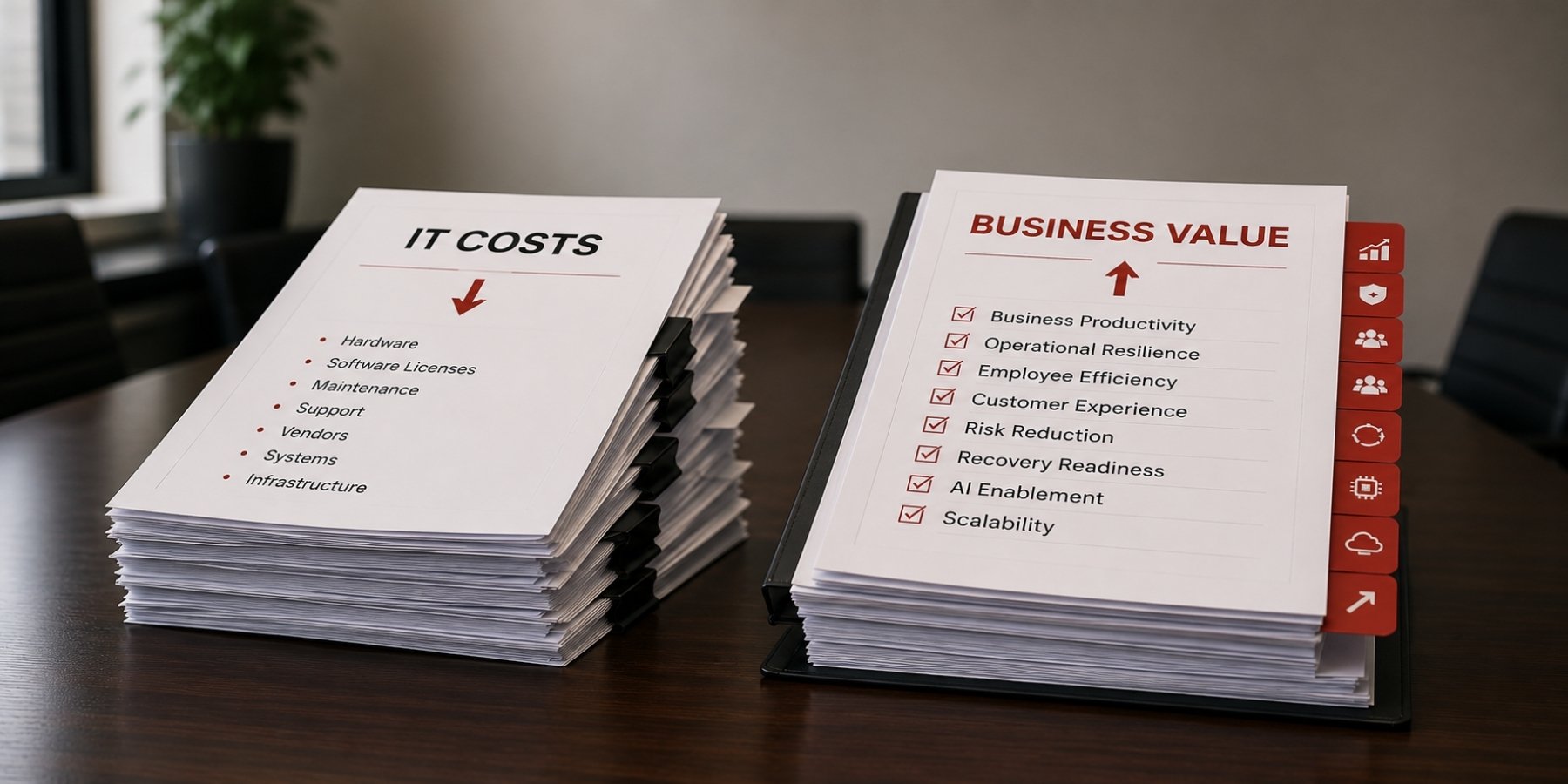 Two stacks of documents comparing IT costs with business value to illustrate strategic technology investment decisions.