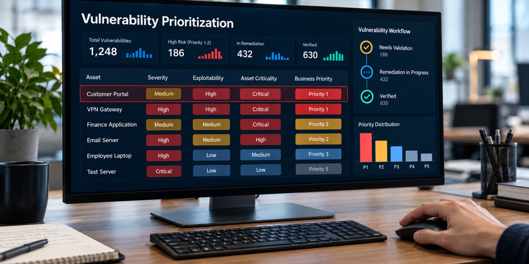 Vulnerability management dashboard prioritizing cybersecurity risks by severity, exploitability, asset criticality, and business priority