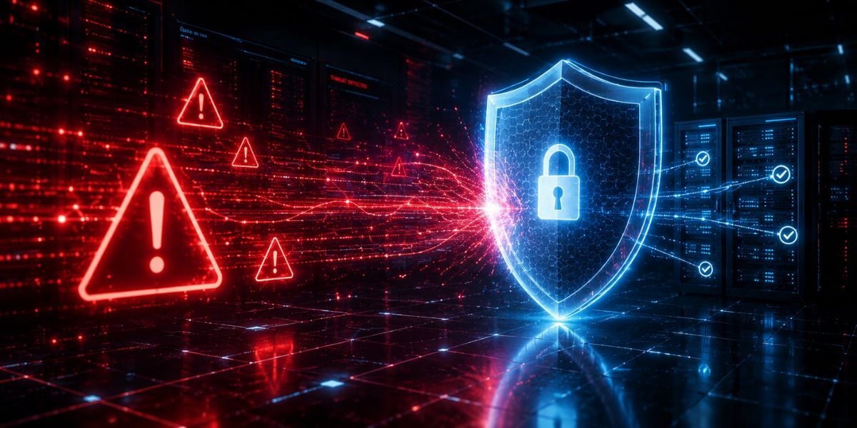 Enterprise cybersecurity infrastructure intercepting an active cyber threat in real time, illustrating collaborative defense validation and purple team cybersecurity operations.